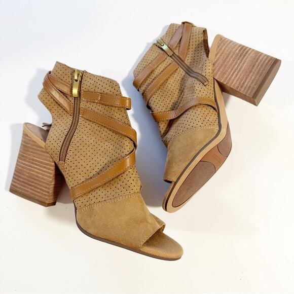 Franco Sarto Fina Tan Peep Toe Bootie Block Heels - Picture 9 of 9